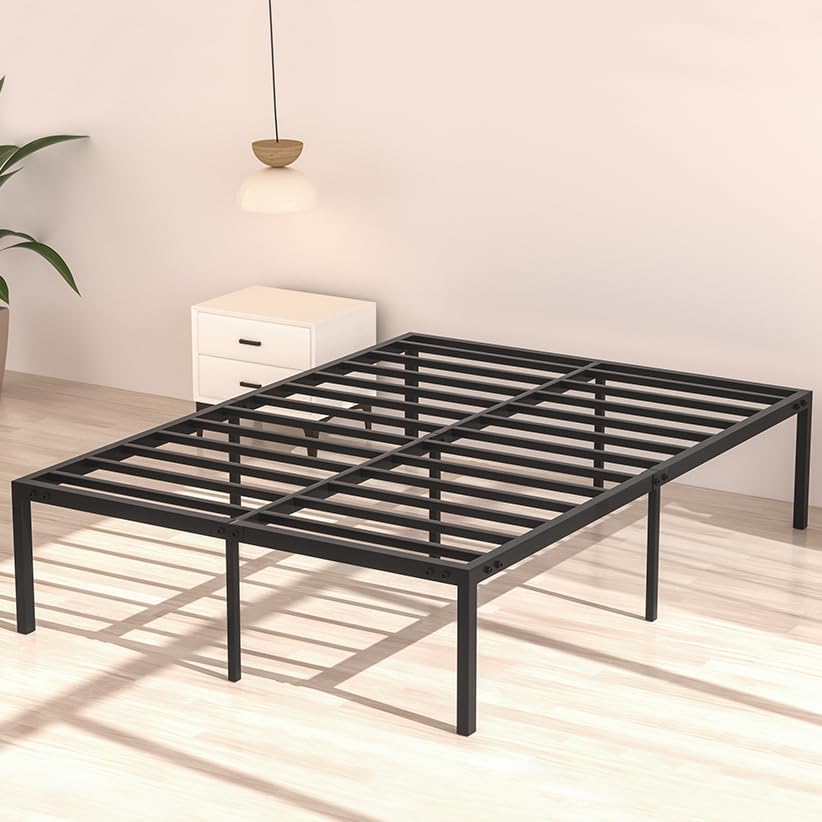 Cadre de Lit 160 x 200 avec Sommier, Lit Double 2 Personnes Hauteur 36 cm avec Rangement sous Le, Plateforme en métal, Montage Facile, pour Adultes, Enfants Bed- Noir 160 x 200 cm