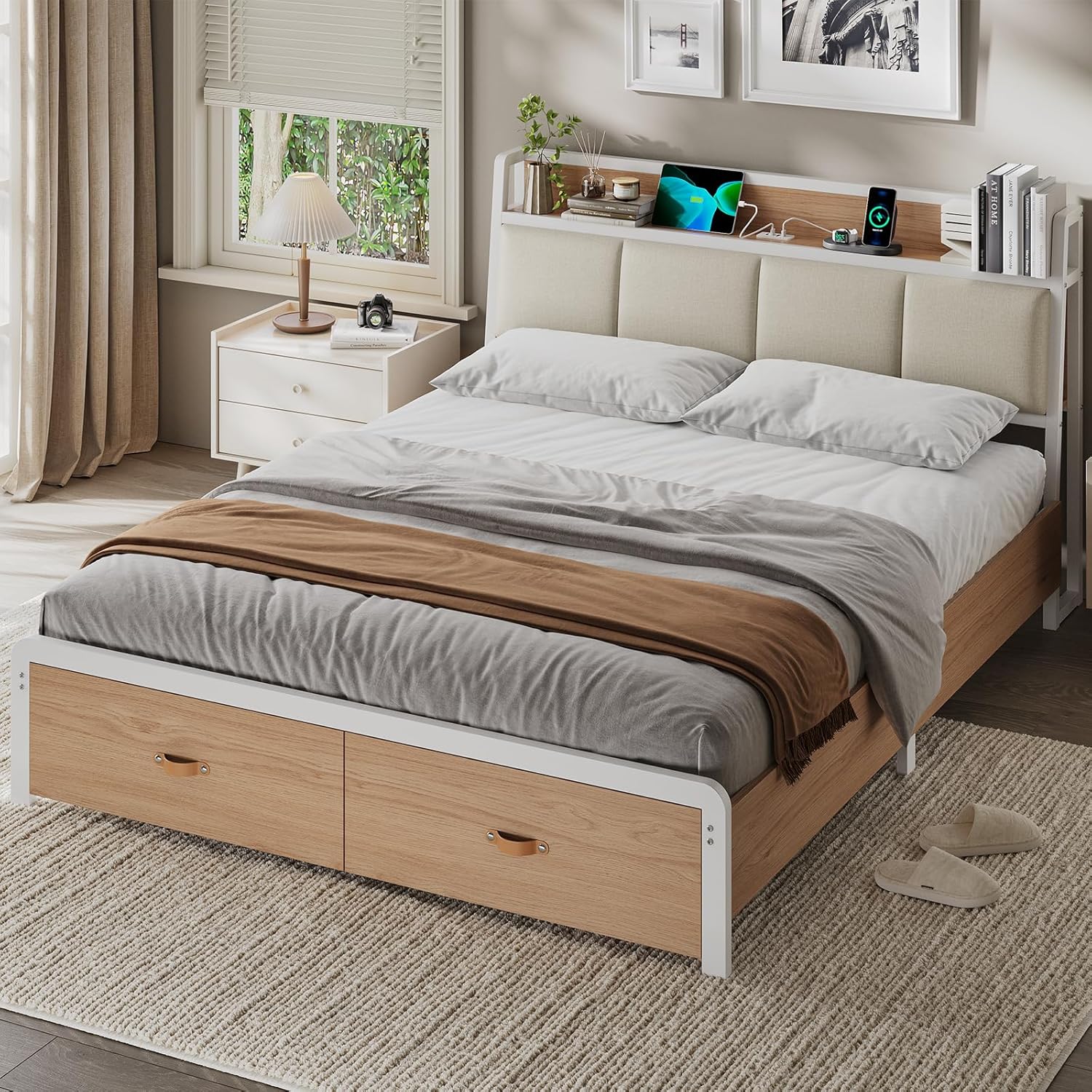 Lit 160x200 avec Sommier en Métal, Cadre de Lit 160x200 avec Tête de Lits en Bois et Compartiments Ouverts, Lits Double avec Multiprise et 2 Tiroirs, Blanc + Chêne Sonoma 160 x 200 cm