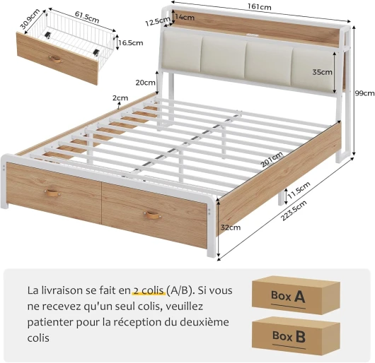 Lit Double 160x200 Cm Avec Tiroirs Et Ports USB/Type-C - Bois Chêne, Tête De Lit Coffre - Sans Matelas