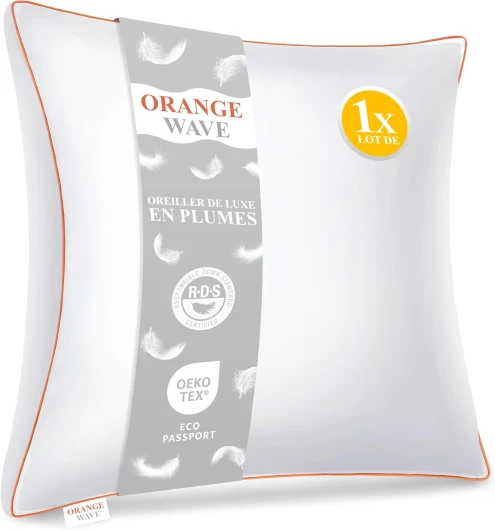 Orange Wave Oreiller Plume 60x60 - Coussin de Luxe 60x60 cm en Duvet et Plume, 1200g de Moelleux, Premium Confort Oreiller Ergonomique, Certifié RDS et Oeko-TEX pour Un Soutien Optimal 60 x 60 cm