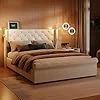 KRYZOR Lit 160x200 avec Sommier et LED et USB, Lit Coffre avec Rangement sous Lits, Lits Double Rembourré pour Adultes, Adolescent, Design Rivet, Tissu en Velours, Beige (160x200 cm)