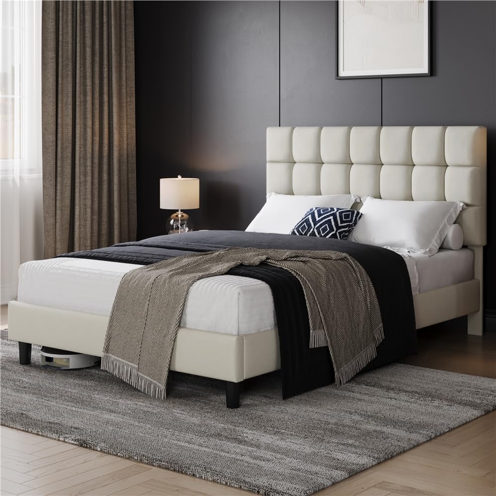 Lit Double Rembourré 140x200cm, avec Tête de Lit Réglable en Hauteur, Cadre de Lits Capitonné avec Sommier à Lattes, Lits pour Adultes 2 Personnes, en Bois et Métal, Beige 140x200cm Beige