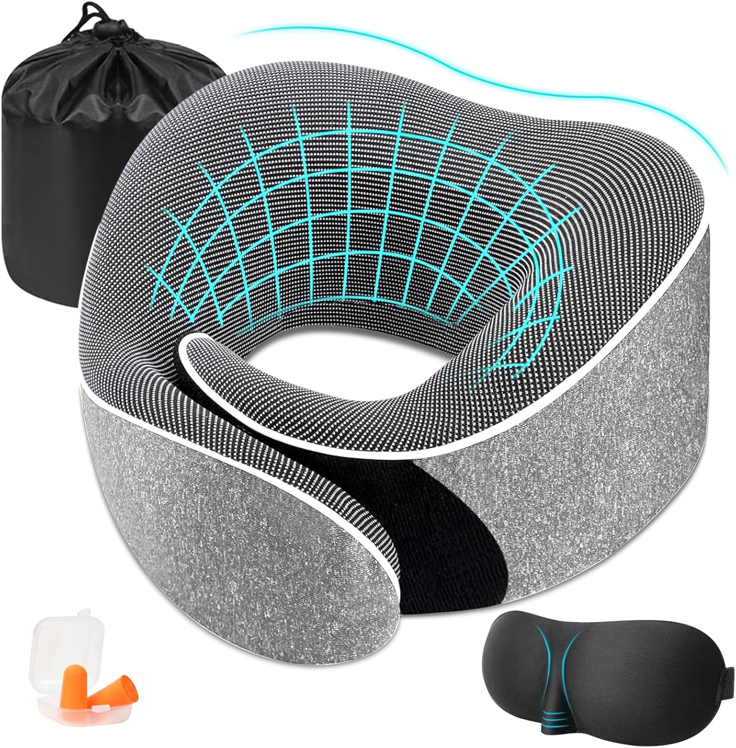 Qintora Coussin de Voyage, Oreiller de Voyage Memoire Forme, Coussin Voyage de Forme pour Adultes, pour Les Yeux, Bouchons d'oreille et Sac de Rangement, Convient pour Avion et Train (A)