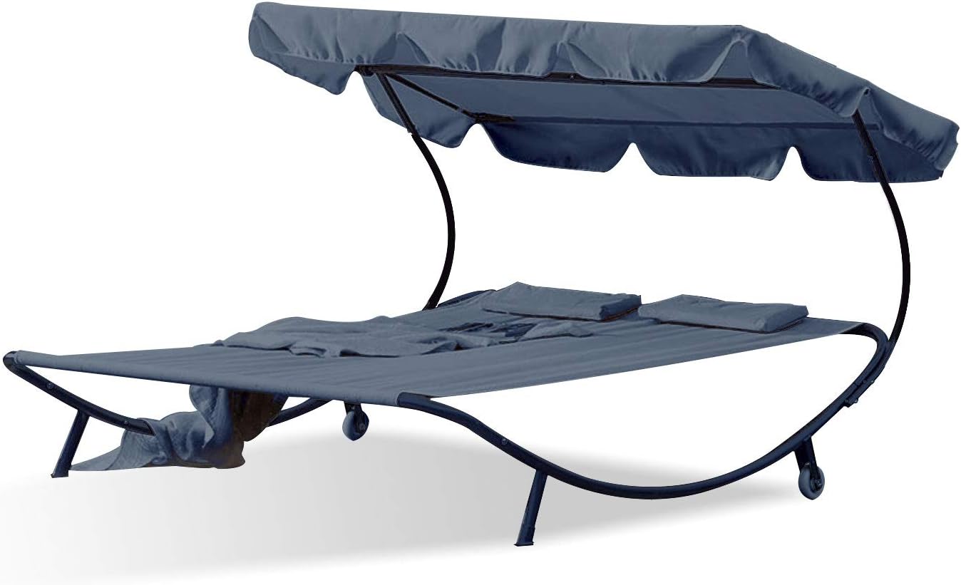 CONCEPT USINE - Lit De Jardin & Transat avec Pare-Soleil Aloha 2 Personnes Gris - 2 Oreillers - Tissu Oxford 100% Polyester - Déplacement Facile 2 Roues, Confortable, Imperméable, Résistant