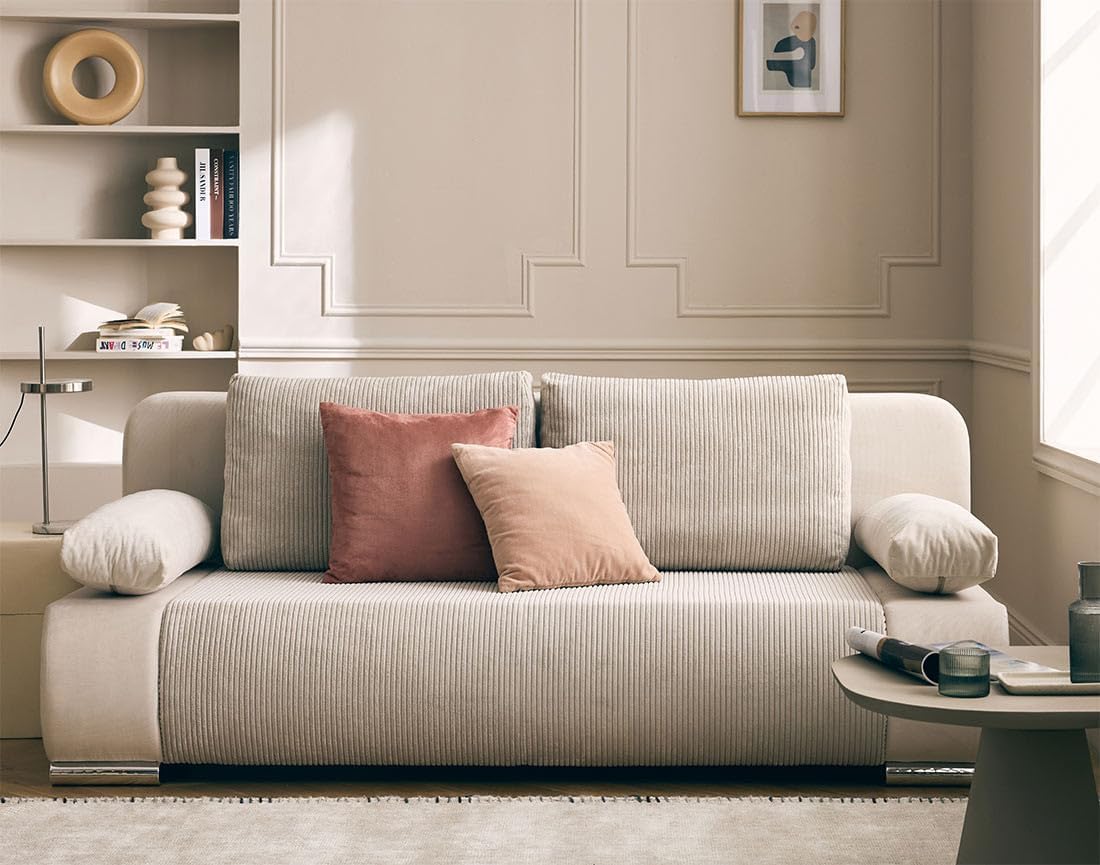 Best Mobilier - Elio - canapé 3 Places Convertible - avec Coffre - en Velours et Velours côtelé, Beige