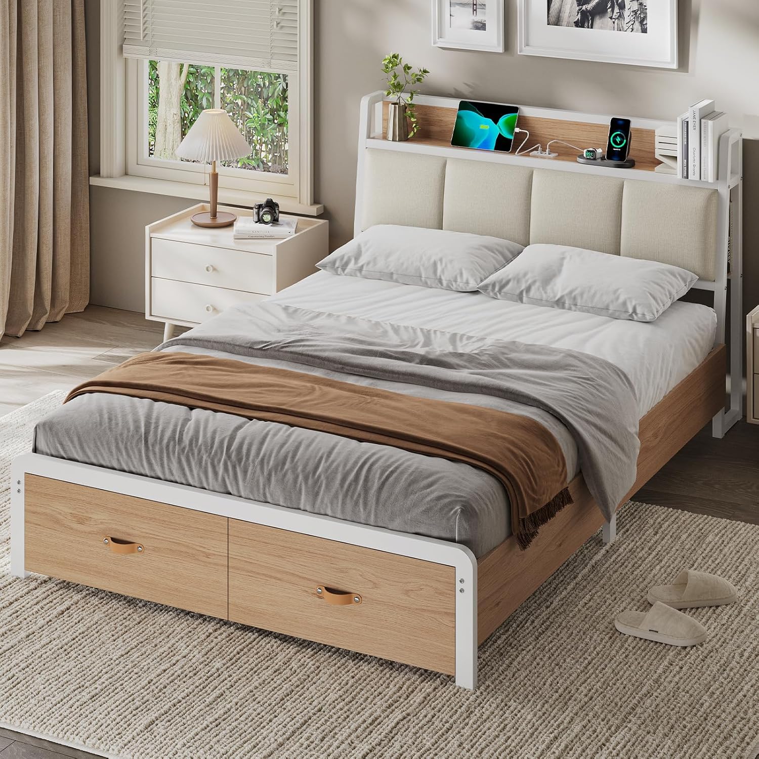 Lit 140x190 avec Sommier en Métal, Cadre de Lit 140x190 avec Tête de Lits en Bois et Compartiments Ouverts, Lits Double avec Multiprise et 2 Tiroirs, Blanc + Chêne Sonoma 140 x 190 cm