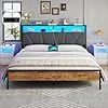 Lit 180x200 avec Sommier Métal, Cadre de lit 180x200 cm avec lumières LED & Multiprise, Lit 2 Personnes avec Tête de Lit Rembourrée et Rangement, Facile à Assembler, Marron Vintage & Gris Gris 180x200cm