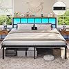 Cadre de Lit 180x200 avec Sommier Métal Lit 2 Personnes avec Lumières LED et Multiprise (2 Prises AC, 2 Ports USB) lit double 180x200 cm avec Rangement Facile à Assembler, Marron Vintage/Noir 180x200cm