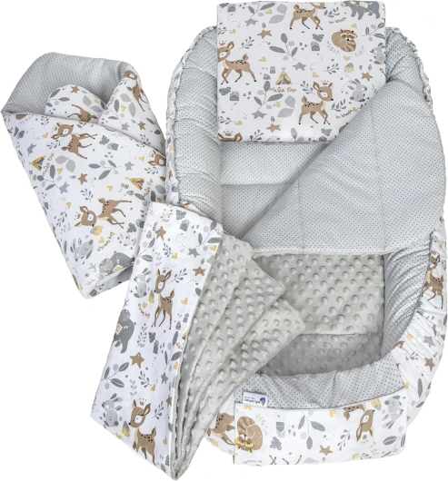 Reducteur de Lit Bebe - Réducteur Bébé 100x60x15cm 5 éléments Cocon et Naissance Nid d'ange bilatéral Cale 100% Coton Minky (Cerf avec Minky Gris) 1 - Cerf avec Minky Gris 5 éléments Cocon de Bébé