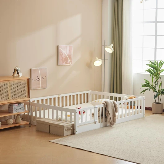 Montessori Lit d'enfant Lit au Sol 90x200 cm - Bois Massif avec Porte et Barrière Sécurisée - 12 Lattes Renforcées, Garde-Corps Intégré - pour Enfants et Bébés (Blanc) 90 × 200 Blanc
