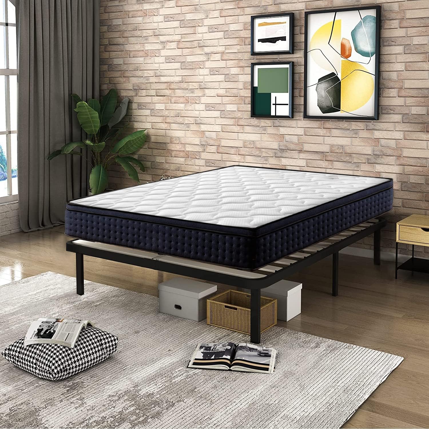 IZTOSS Lit Queen Blanc, Noir avec Sommier et Matelas - Matelas 160x200x27 Mémoire de Forme - Sommier 160x200 avec Pieds matelas 160x200x27+sommier 160x200