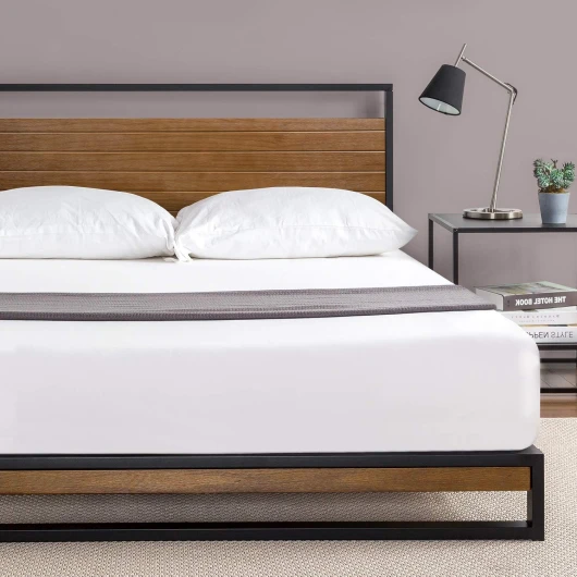 Suzanne Lit 180x200 cm - Hauteur du cadre de lit 18cm - Cadre de lit plateforme en métal et bois avec support de lattes en bois - Marron et noir