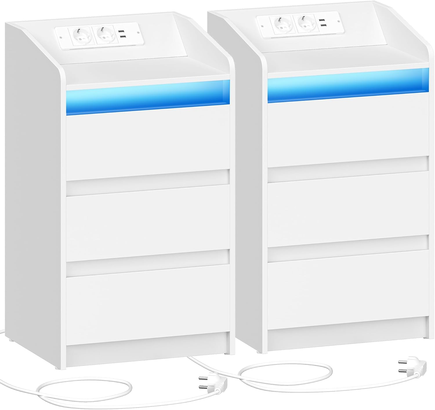 Hzuaneri Table de Chevet Lot de 2 avec 3 Tiroirs, Table d'Appoint avec Station de Charge et LED, 2 Prises CA et 2 Ports USB pour Chambre à Coucher, Salon, Blanc NS40103X Blanc 2er Set