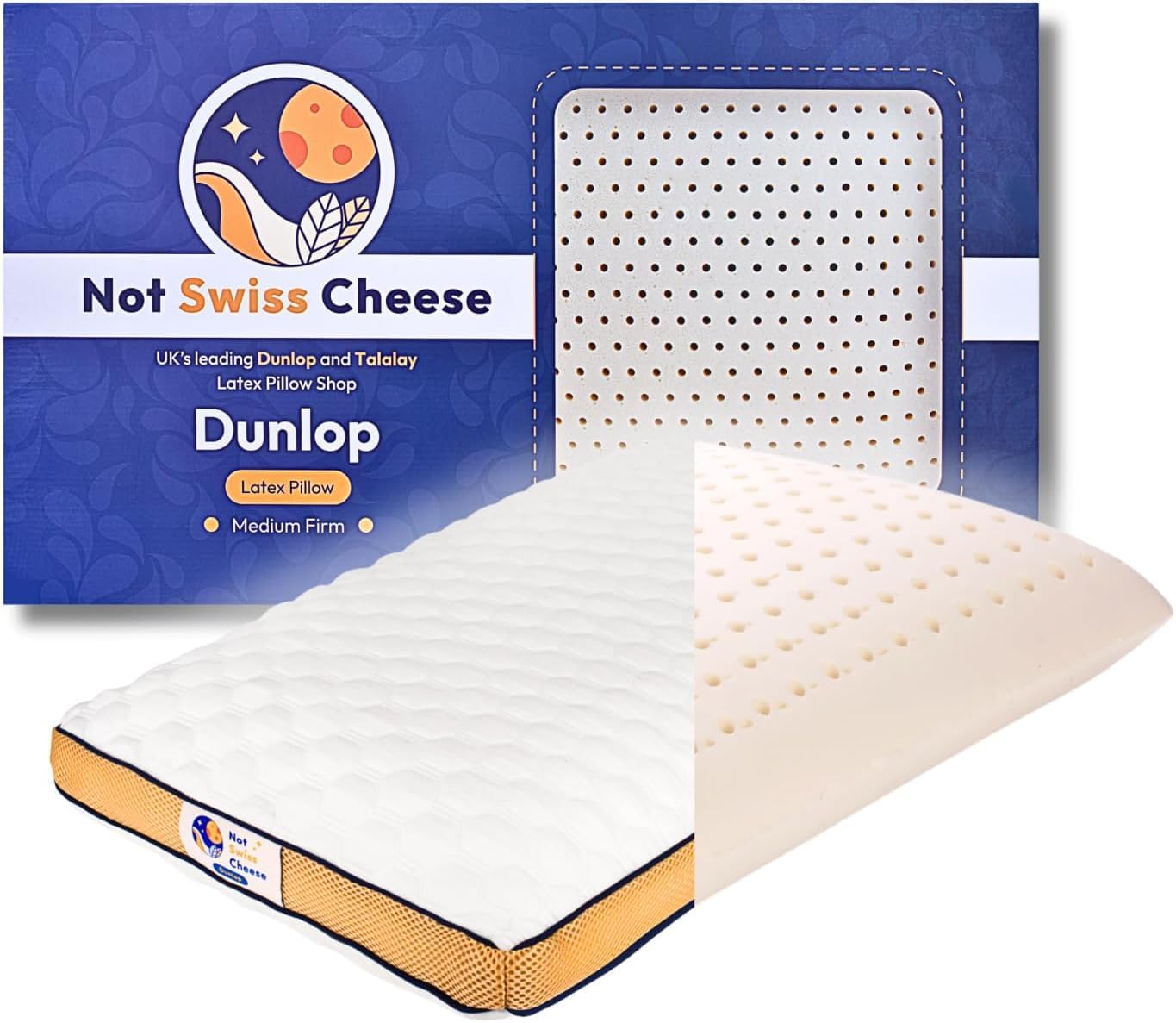 Oreiller Latex Dunlop 75% Naturel 70×40×14cm - Oreiller Ergonomique Orthopédique Cervical Mi‑Ferme, Soutien & Alignement pour Sportifs - Anti‑Ronflement, Soulagement Pression, Housse Lavable