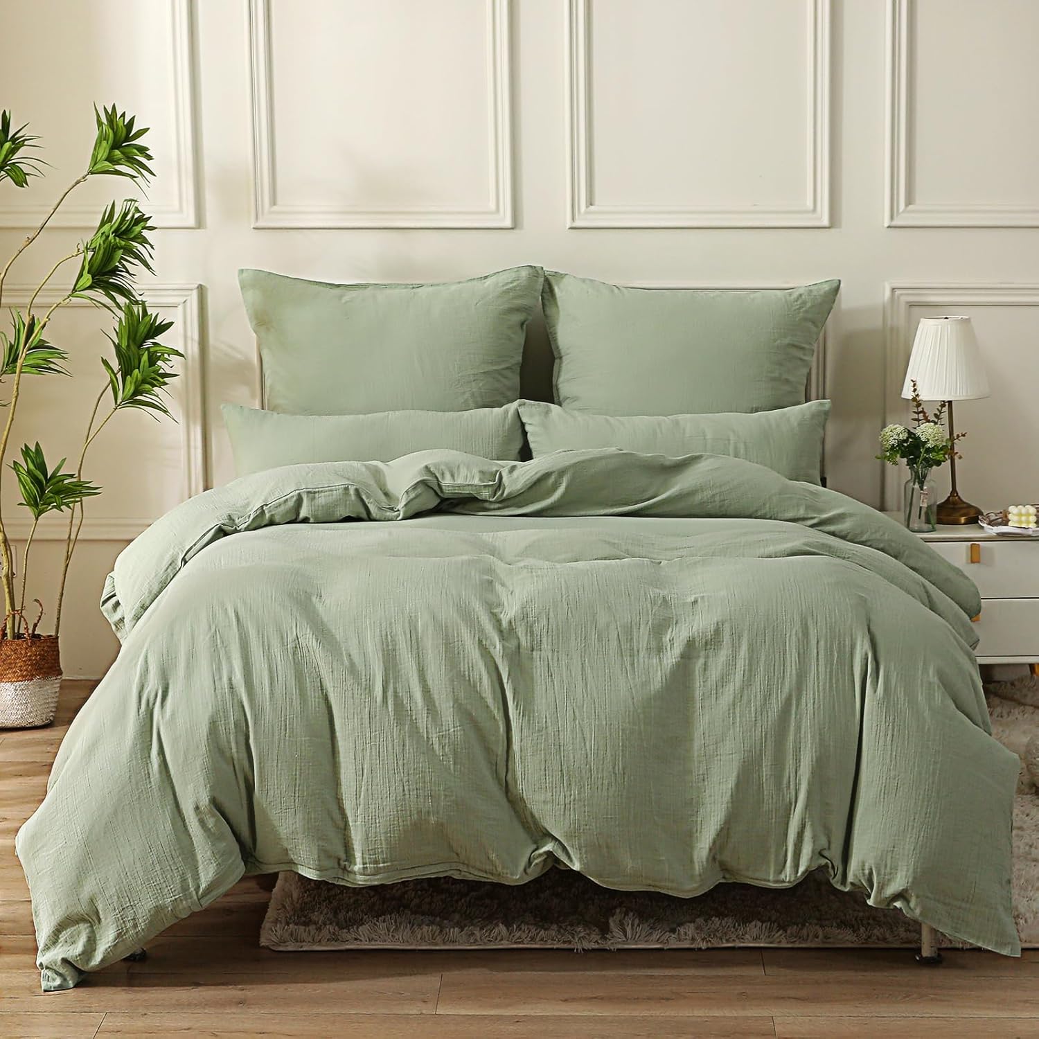 Housse de Couette 220x240 Gaze de Coton, Certifié Oeko-TEX, Vert Réglisse Ensembles de Housse de Couette avec Fermeture Éclair, Parure de Lit Adulte 220x240 cm avec 2 Taie d'oreiller 65x65 cm Vert Réglisse 220x240cm + 2 x Taie Oreiller 65x65cm