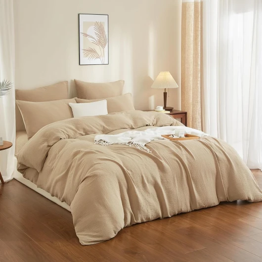 YASMENG Housse de Couette Gaze de Coton 220x240 Beige 100% Coton Parure de Lit Double en Gaze de Coton Doux Respirant Linge de Lit 2 Personne avec Fermeture Éclair et Taies d'oreiller 65x65 cm Beige 220x240cm+2x65x65cm