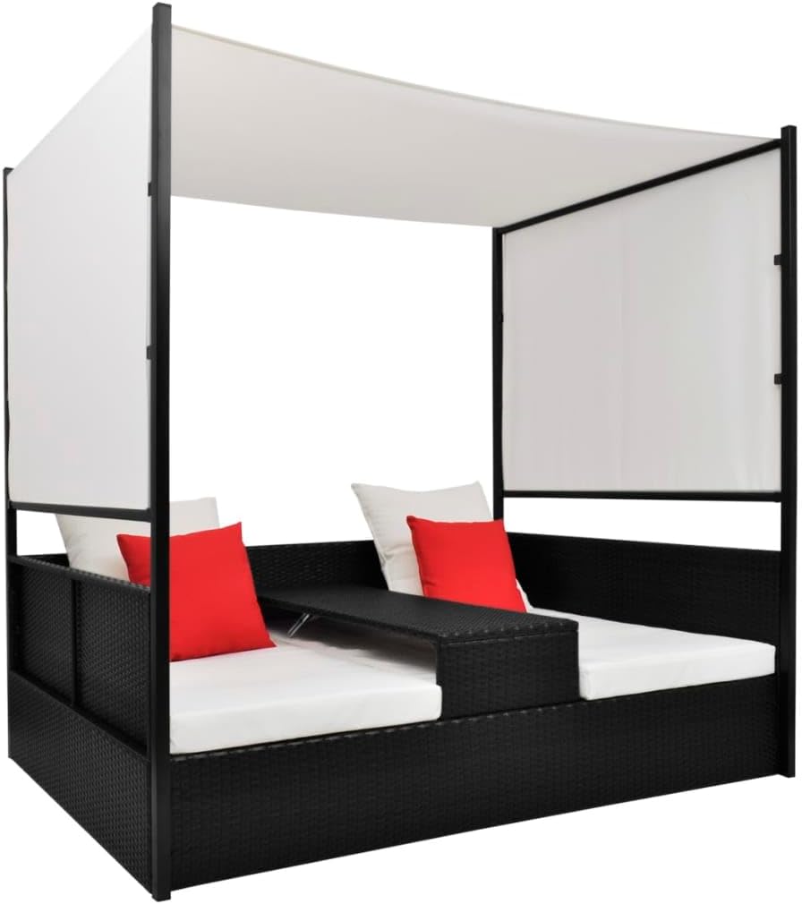 Lit Double à Baldaquin d'Extérieur Résine Tressée Jardin Patio Terrasse Noir