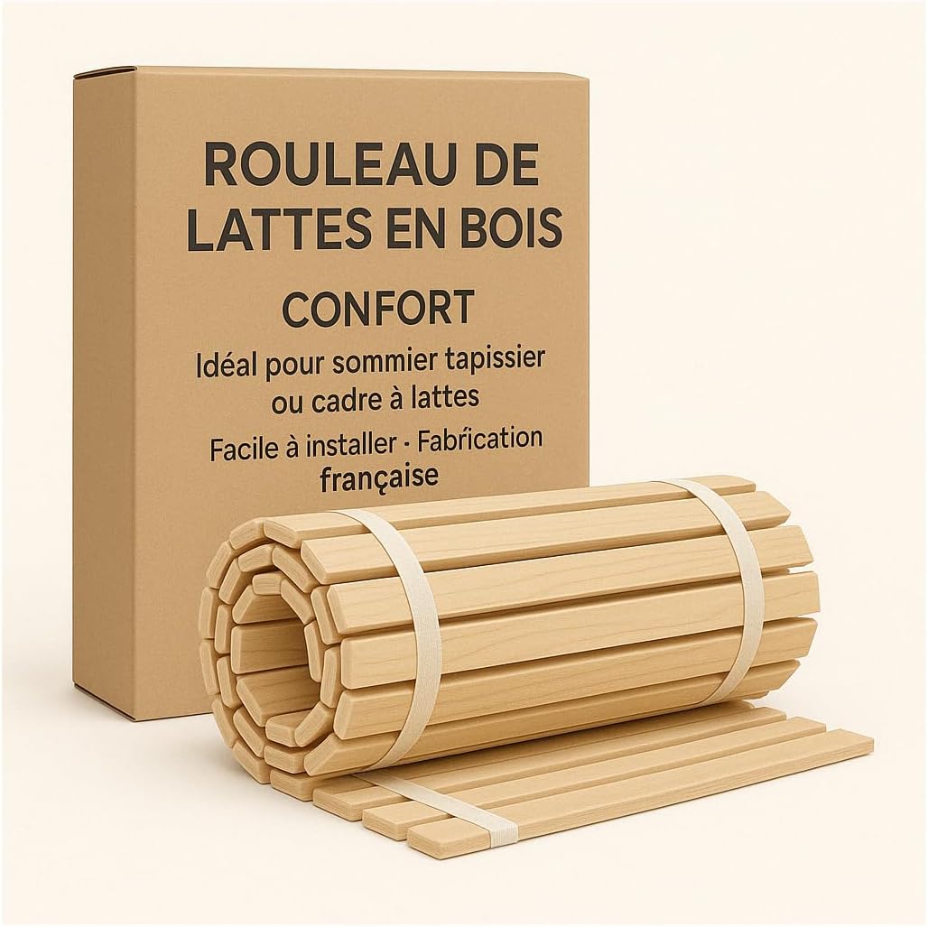 Sommier à Lattes 140 x 200 ou 140x190 - Sommier à Lattes sur Rouleau - Lattes pour Lit 2 Personnes - Pin Massif - Naturel
