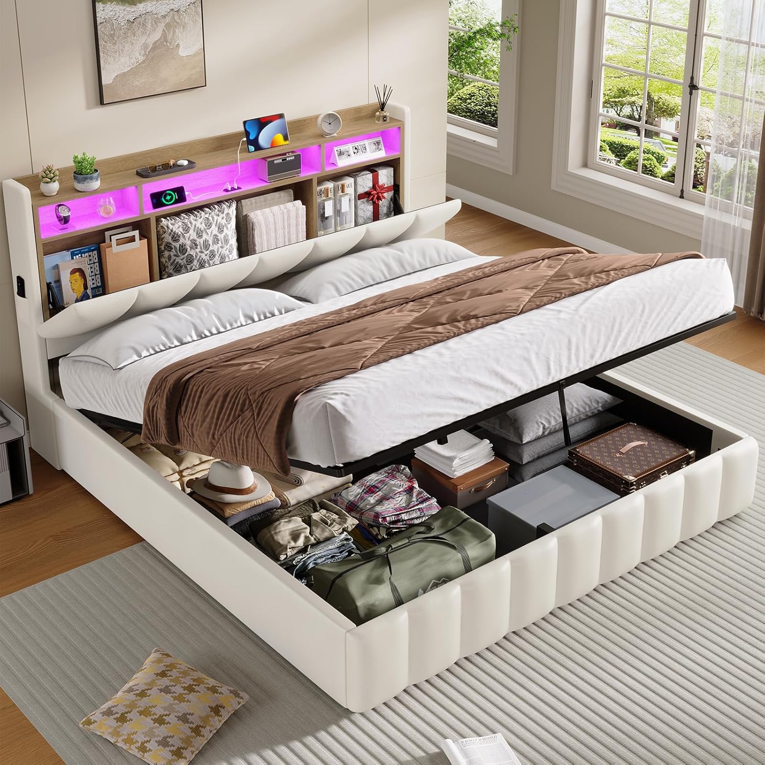 Lit Coffre 160 x 200 à LED, Lit Hydraulique avec Étagères Ouvertes et Rangement Caché en Tête de Lit Capitonné, lit 2 Personnes avec Lattes en Bois, Lits 160 x 200 avec Sommier en PU Blanc 160 X 200 Blanc