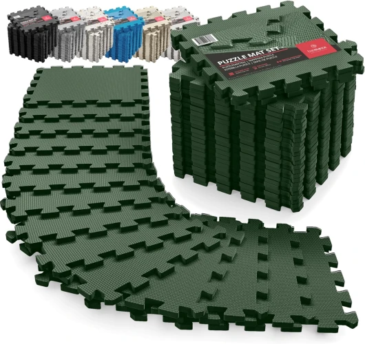 Tapis de Sport de Sol Salle de Fitness - Dalles en Mousse sans BPA + Bordures - Matelas Puzzle Tatami EVA Caoutchouc pour Matériel Gym Banc de Musculation Course Garage Piscine Isolation Green - 18 Tapis - 1,67 M² 32L x 32l x 1Ép cm