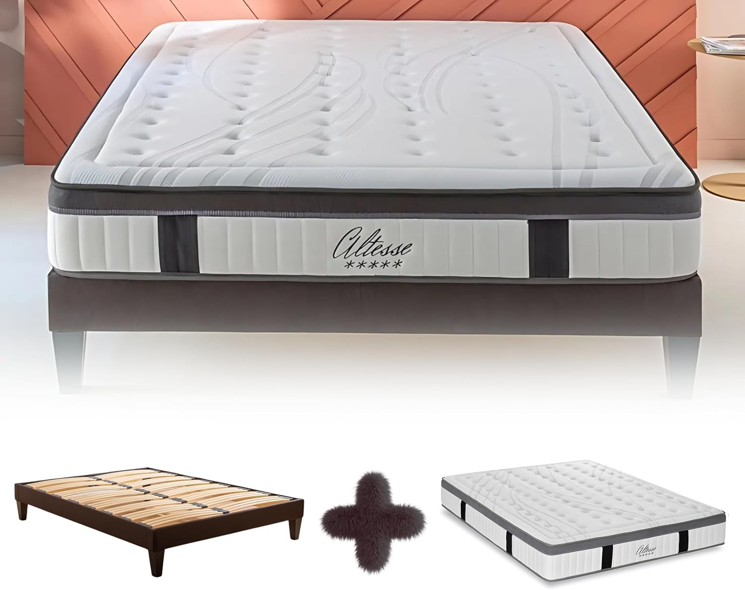 Ensemble Matelas Sommier Altesse 180x200, Ép 57, à Mémoire de Forme Haute Densité 55 kg/m³, Mousse à Cellules Ouvertes, Lit en Bois Massif, 2 Personnes 180 x 200 cm
