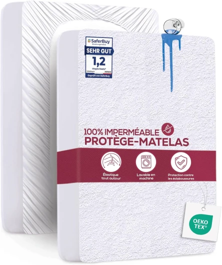 Protège Matelas 160 x 200 x 30 cm Imperméable, Certifié Oeko TEX, Alèse Drap Housse, Matelas Couvre, Respirant, Élastique Tout Autour 160 x 200 x 30 cm Blanc