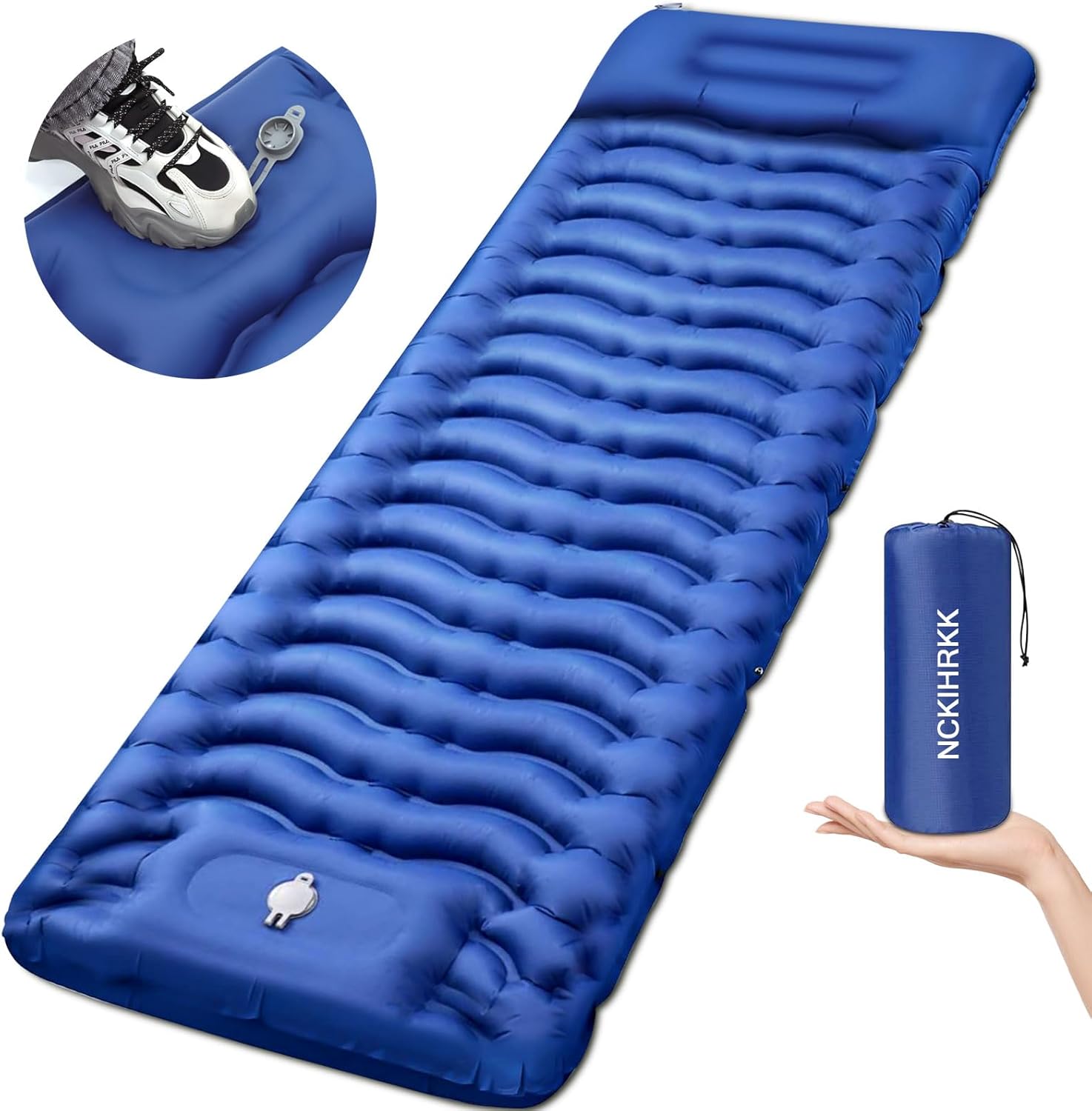 NCKIHRKK Matelas de Camping de 12 cm d'épaisseur, Ultraléger Matelas Gonflable Camping Pliable avec Oreiller & Pompe à Pied, Matelas Autogonflant Tapis de Camping pour Camping Tente Randonnée, Bleu