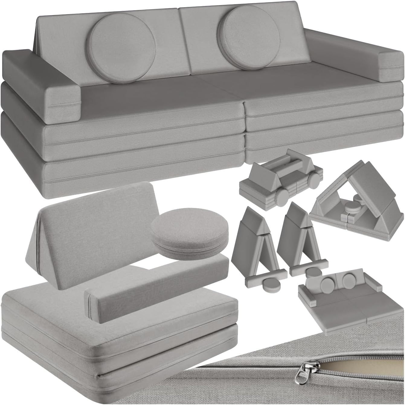 ® Canapé convertible 2 places modulable Canapé enfant en Mousse & Lin Fauteuil enfant Canapé lit Matelas de sol enfant Lit pliant Matelas pliable pour Chambre enfant Jeu de construction Lecture Gris 120 cm