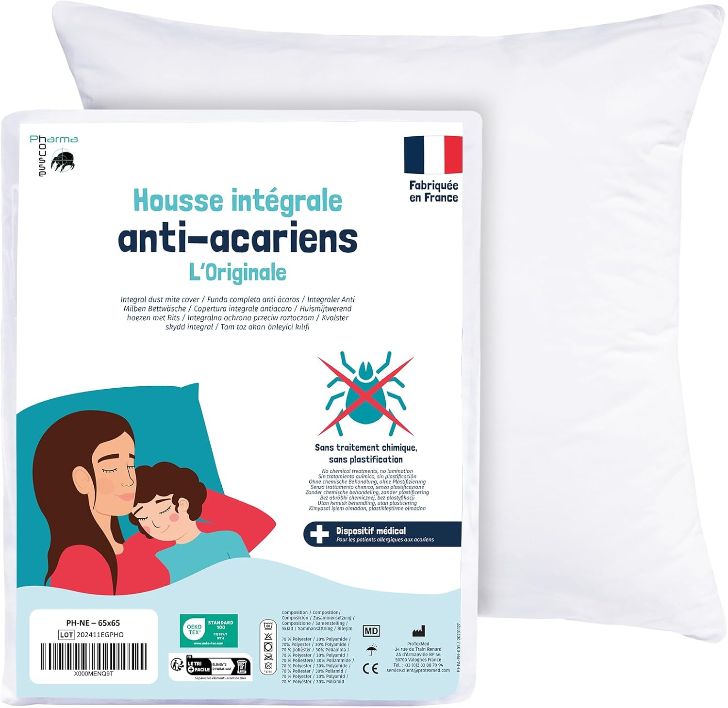 PharmaHousse - Housse Anti-acariens intégrale pour Oreiller - Dispositif médical - Garantie 10 Ans - Housse barrière sans Traitement ni plastification - Fabriquée en France 65x65 cm Blanc