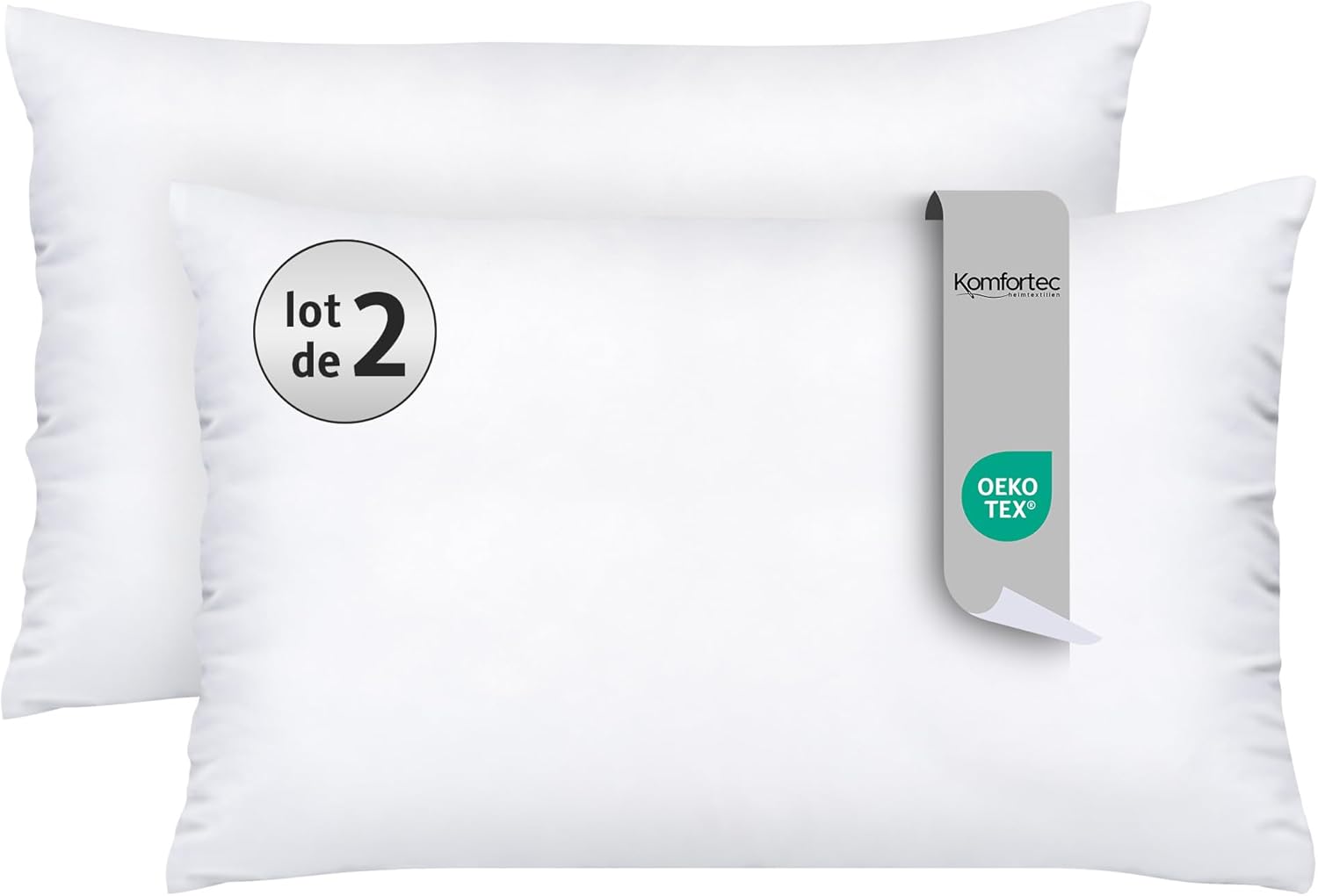 Komfortec Oreillers 50x75 cm Lot de 2, Oreiller Certifiés Oeko-TEX avec garnissage 800g, Hypoallergéniques, Lavables, (Pillow) 50x75 cm (Lot de 2)