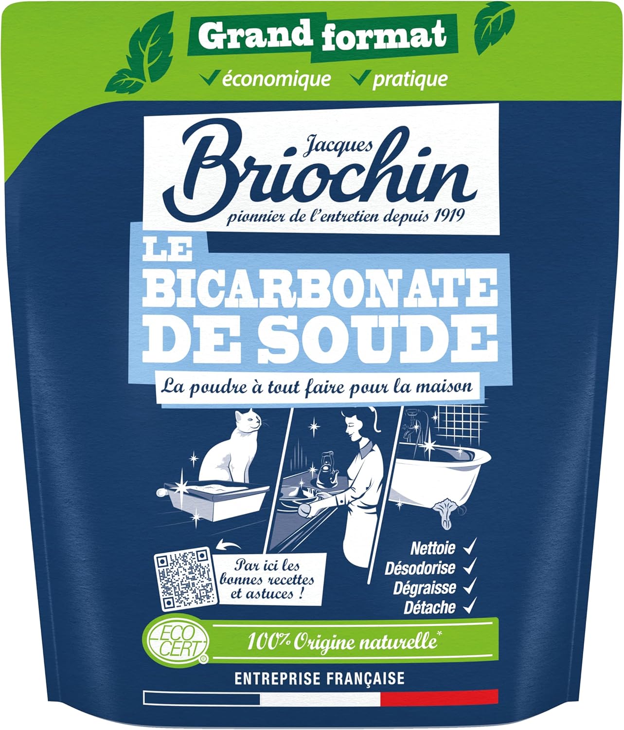 Jacques Briochin Bicarbonate de Soude en Poudre ECOCERT 900g Maxi Format - Nettoyant Multi Surface Naturel, Anti Mauvaises Odeurs - Sachet Refermable ,L'emballage peut varier Bicarbonate de soude Ecocert 900 g (Lot de 1)