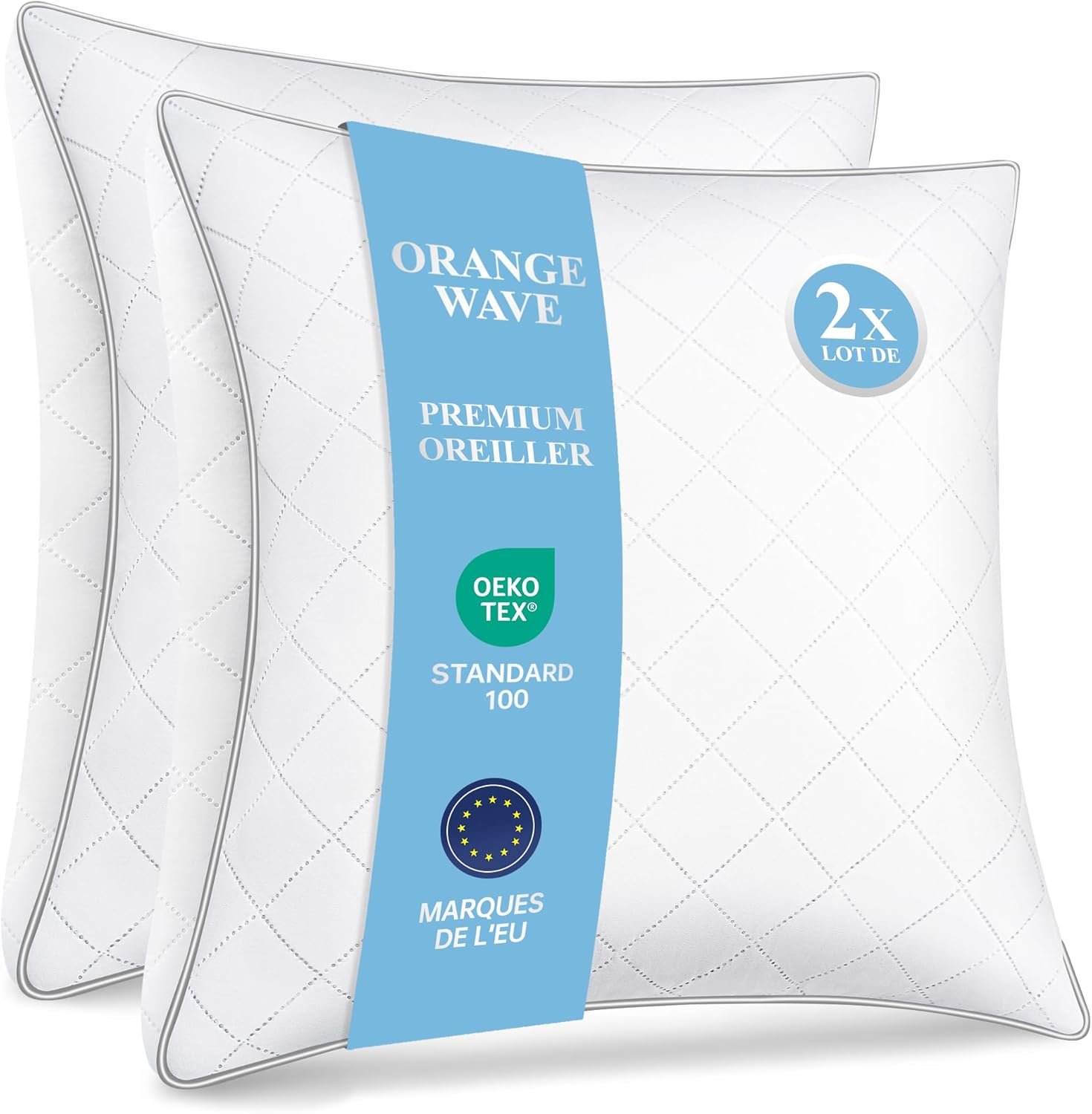 Orange Wave Oreillers 60x60 cm Lot de 2, Oreiller en Microfibre Moelleux, Hypoallergénique, Lavable, Oreillers Qualité Hotel Idéal pour Dormeurs sur Le Côté et Le Dos, Coussin Respirant et Doux 60x60x20 cm 2