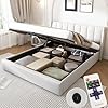 Zepneiy Lit 140 x 190 avec Sommier LED et USB, Lit Coffre 140x190 avec Rangement et Tete de Lit Réglable, Lit Double avec à Lattes Lit 2 Personnes, Lit Rembourré Cadre de Lit 140 x 190(sans Matelas) 140x190cm Blanc