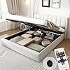 Zepneiy Lit 140 x 190 avec Sommier LED et USB, Lit Coffre 140x190 avec Rangement et Tete de Lit Réglable, Lit Double avec à Lattes Lit 2 Personnes, Lit Rembourré Cadre de Lit 140 x 190(sans Matelas) 140x190cm Blanc