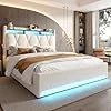 KOMHTOM Lit Rembourré Double avec Rangement Hydraulique et Tête Pliante, Lit LED Coffre avec USB et Type-C et Sommier à Lattes, Cadre de lit Moderne pour Adultes (Beige-B, 140x200cm) Beige-b 140x200cm