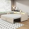 Canapé-lit convertible 90/180 x 190 cm avec lumière LED et prise USB, canapé lit 2 places avec fonction couchage en tissu lin, beige (sans matelas) 90/180 x 190 cm Beige