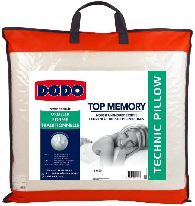 Oreiller à Mémoire de Forme 60x60 - Oreiller Top Memory - Maintien des Cervicales - Taie déhoussable et Lavable en Machine à 40°c 1 Unité (Lot de 1)