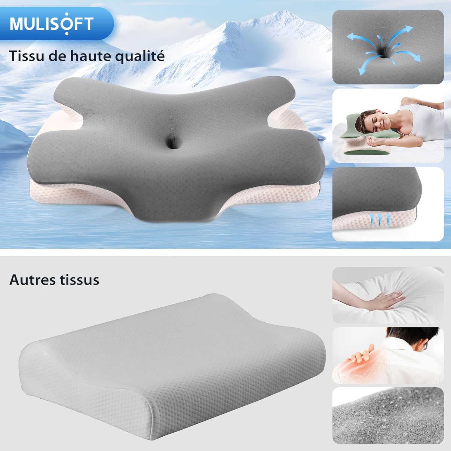 MULISOFT Oreiller en mousse à mémoire de forme, confortable, coussin de soutien du cou, oreiller ergonomique pour dormeur latéral (gris)