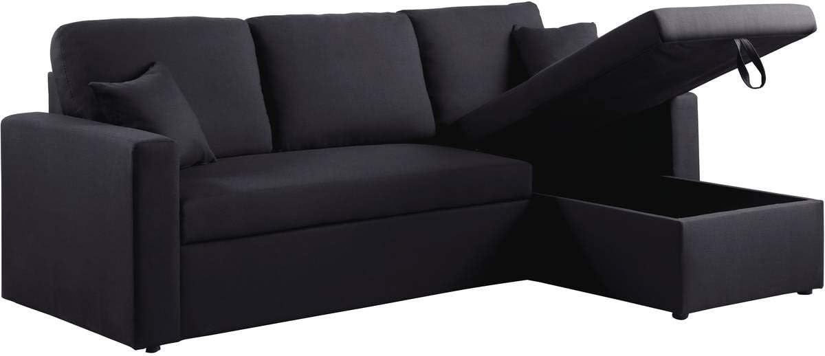 Canapé d'angle Convertible et Réversible Alain 3 Places Noir - Canapé Lit Moderne en Tissu Lin - Espace de Stockage (Méridienne) - Design