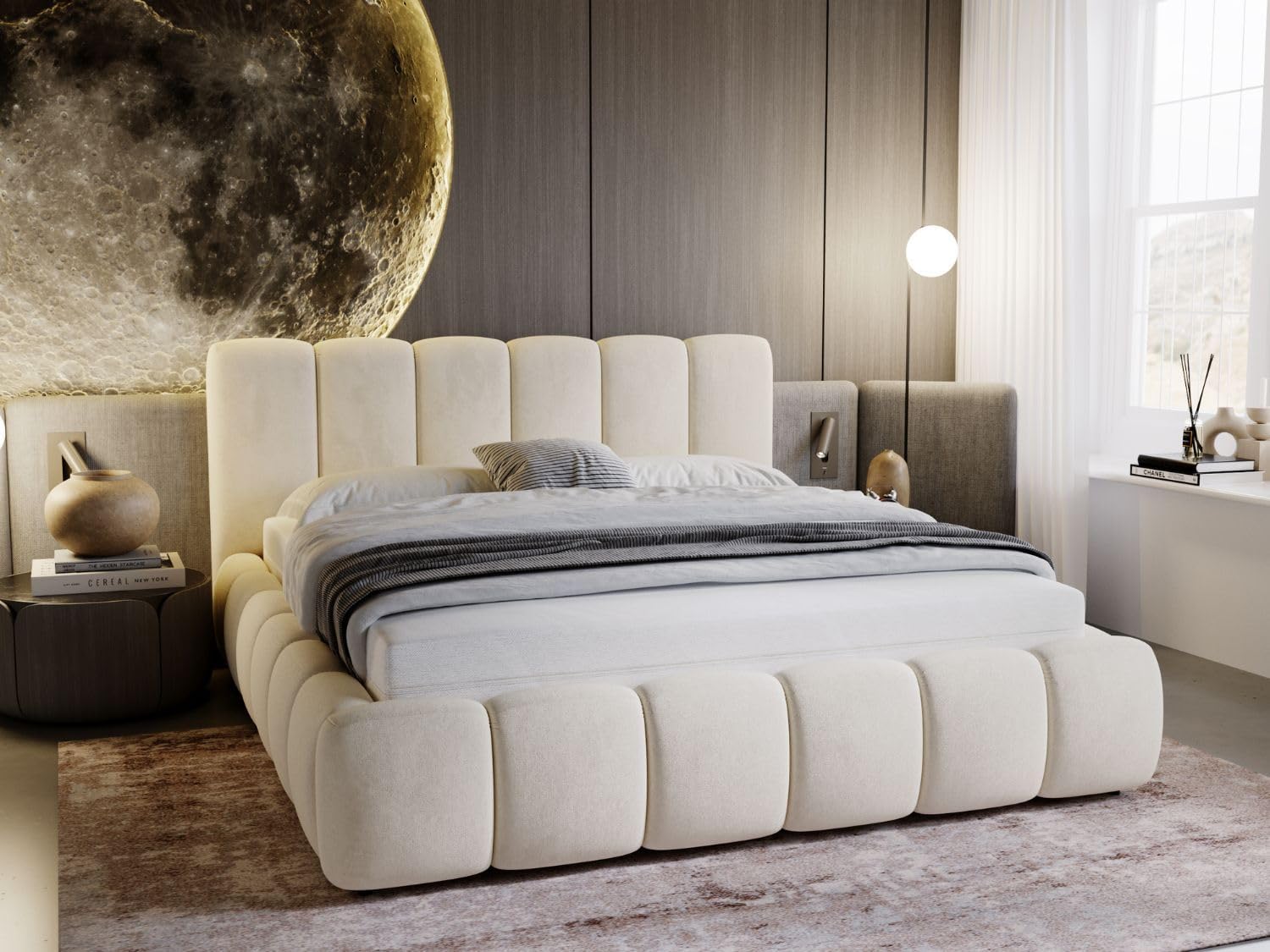 GRAINGOLD Lit Cloud 200x200, Rembourré avec Coffre de Rangement, Lit Double, Tissu en Velours, avec Sommier à Lattes, avec Tête de Lit, sans Matelas (Beige, 200x200) Beige 200x200