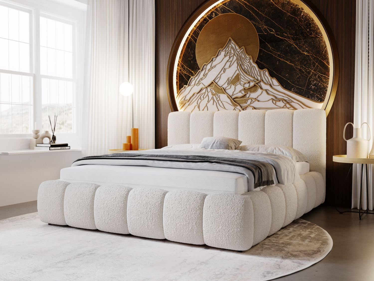GRAINGOLD Lit Cloud 200x200, Rembourré avec Coffre de Rangement, Lit Double, Tissu en Bouclé, avec Sommier à Lattes, avec Tête de Lit, sans Matelas (Beige, 200x200) Beige 200x200