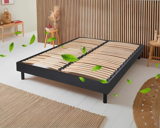 Sommier Selena 160x200 cm Noir, à Latte, 2 Personnes, Technologie Bi-Lattes avec 4 Zones de Confort, Structure Bois Massif Solide avec Pieds Inclus, Lit Ergonomique, Montage Facile