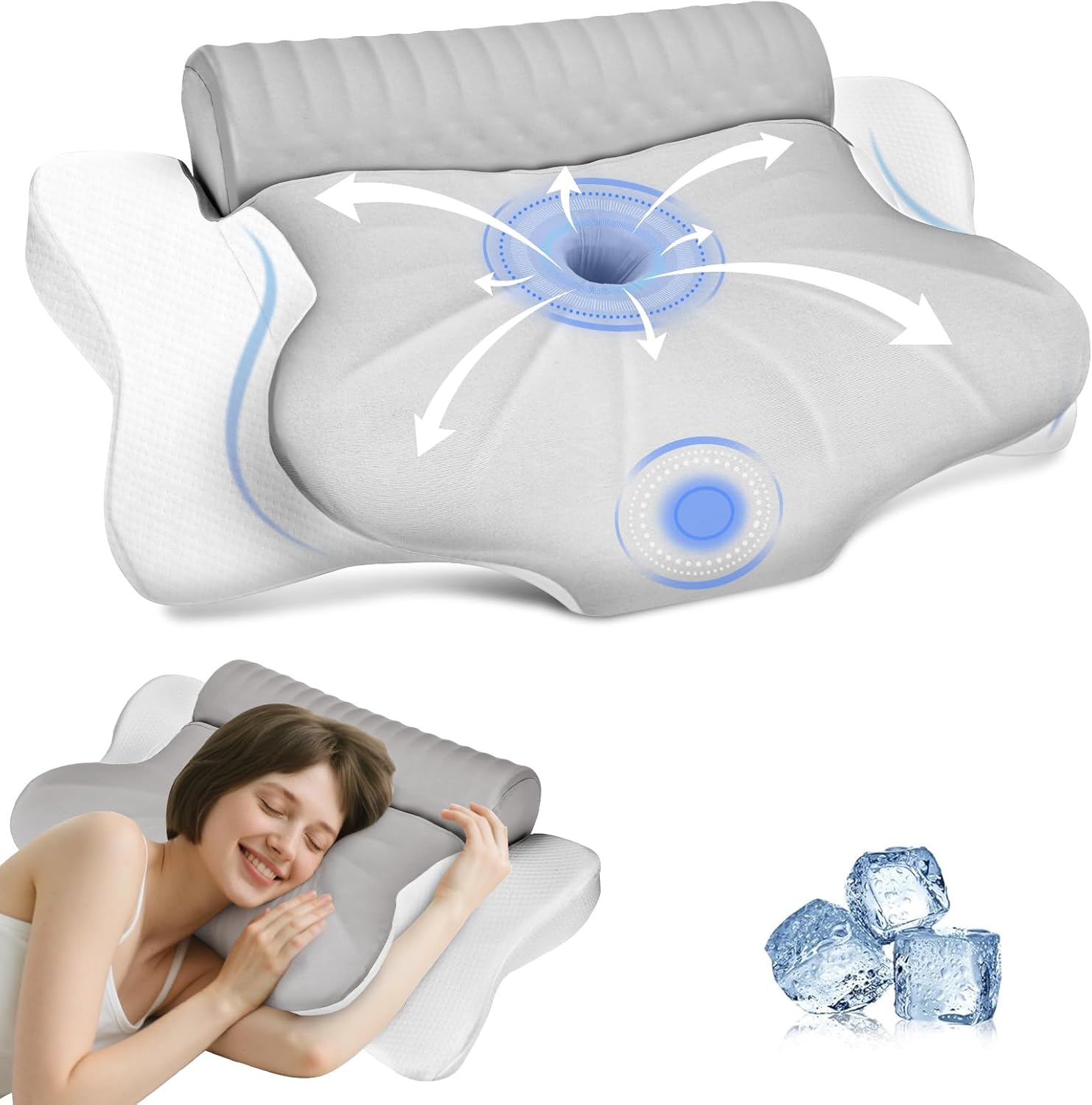 Oreiller Ergonomique Cervical, 2 en 1 Coussin Cervicales Mémoire de Forme – Oreiller Orthopédique pour Douleurs Cervicales, pour Dormir sur Le Côté, Le Dos et Le Ventre