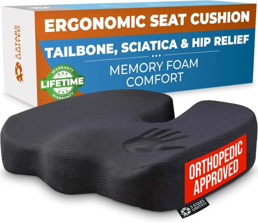 5 Stars United Coussin de siège pour Bureau - Oreiller en Mousse à mémoire de Forme à 100%, Soulagement de la Douleur Coccyx, sciatique et Bas du Dos, Coussins de Bureau de qualité supérieure Noire Seat Cushion