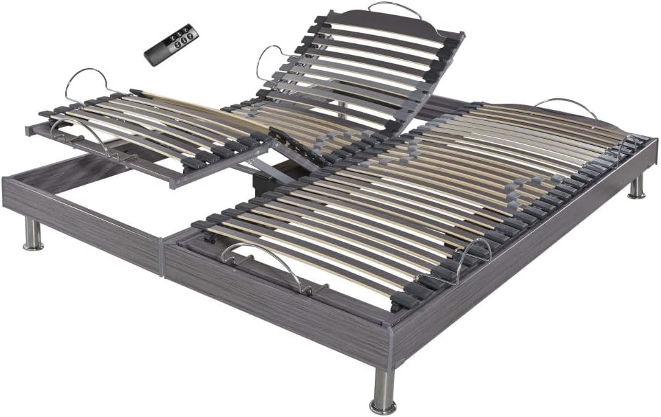 Sommier électrique S62+Lattes Bois - Réglage fermeté Zone lombaires - 2x70x190 - Gris