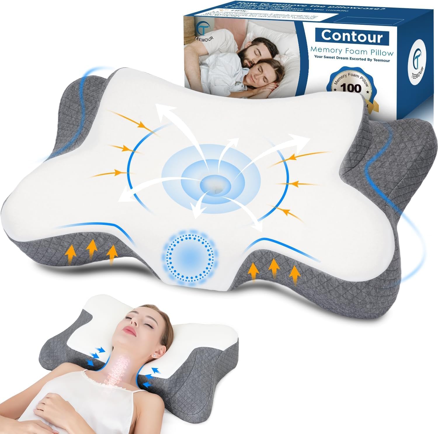 Oreiller Ergonomique Cervical, Coussin Cervicales, Oreiller à Mémoire de Forme pour Dormir sur Le Côté, Le Dos et Le Ventre, Soutien Adapté, Hauteur Réglable, Couverture Amovible, 65 * 36 * 13/10cm