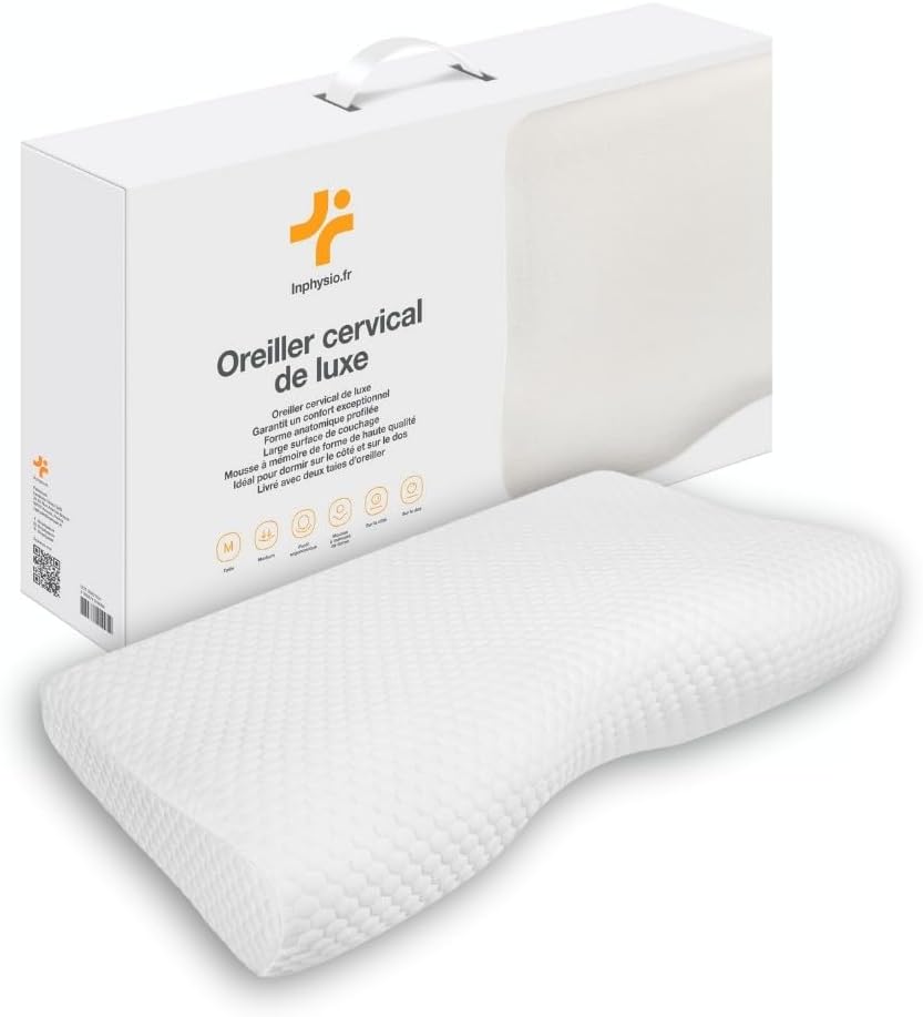 ® Oreiller Ergonomique Cervical de Luxe - Oreiller Orthopédique - Oreiller Memoire Forme - Coussin Cervicales Douloureuses - Hypoallergénique - 2 Taies d'oreiller - 60 x 35 x 12/7cm Beige