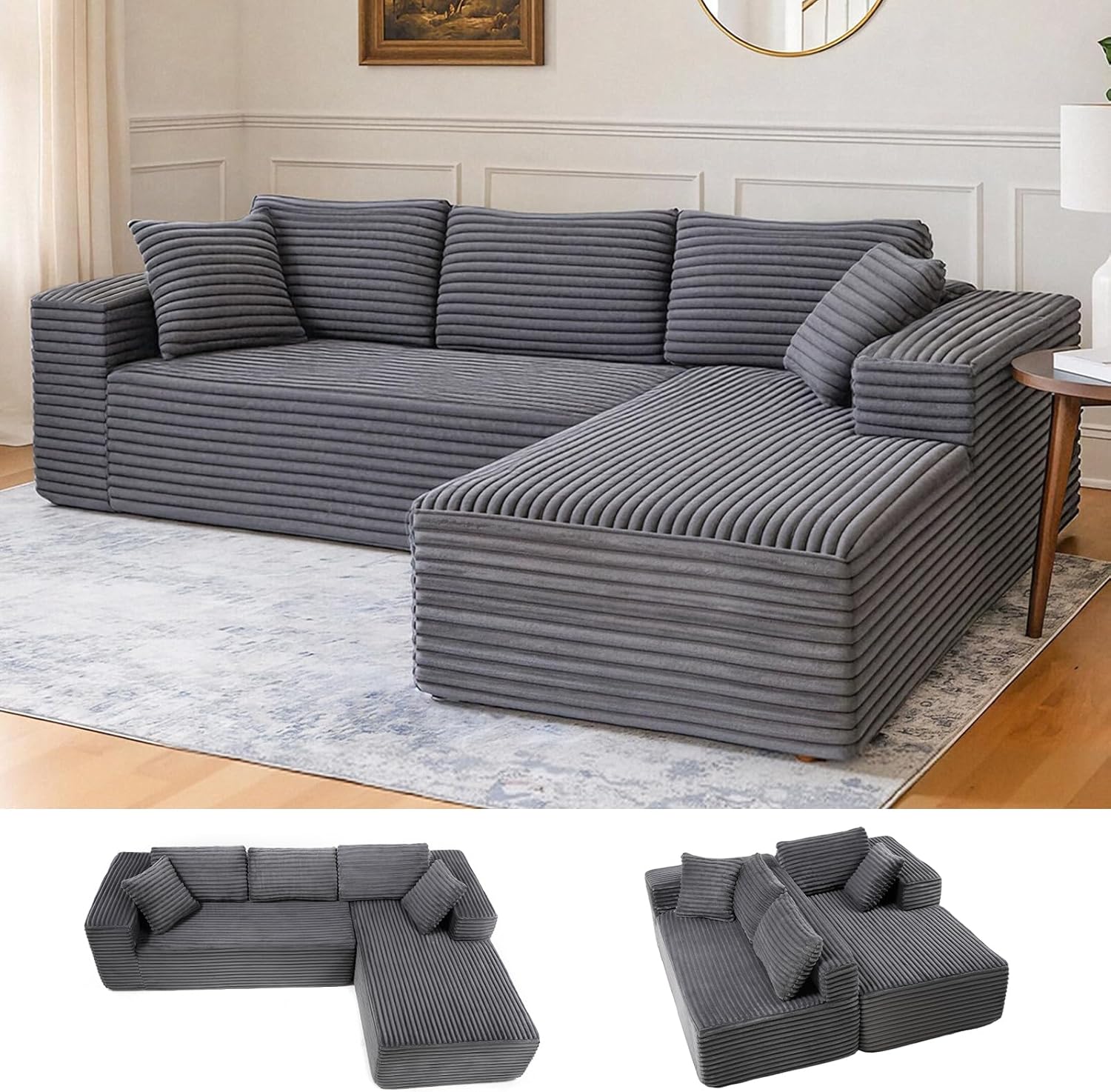 Canapé d'angle en Forme de L, Canapés Modulaire 105" avec Assise Profonde, Canapés Entièrement Compressé, Canapé 3 Places pour Salon et Chambre, Aucun Assemblage Requis, Velours côtelé (Gris) Forme en L avec chaise longue à droite Gris