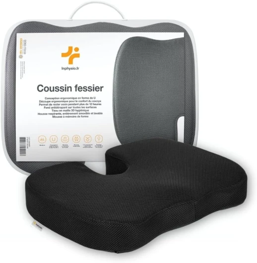 Oreiller en Forme de U - Coussin de Siège Ergonomique pour Chaise de Bureau - Mousse à Mémoire de Forme Hypoallérgenique - Soulage Les Douleurs Lombaires - 45 x 35 x 7 cm Noir 45x35x7