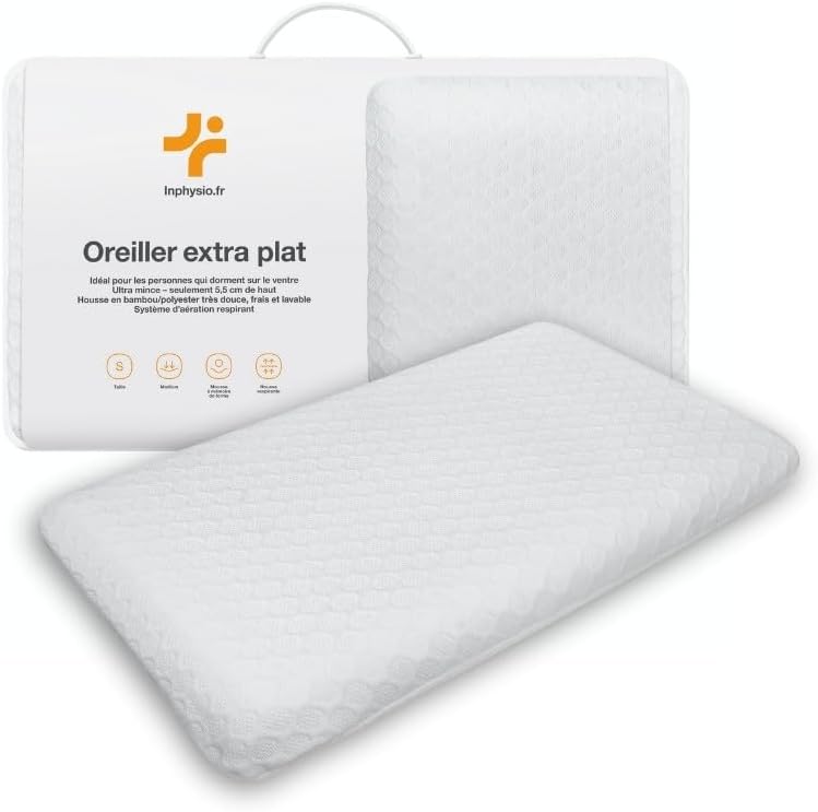 ® Oreiller Extra Plat - Oreiller Mémoire de Forme Hypoallergénique - Oreiller Ergonomique - Sommeil Réparateur - Dormir sur Le Ventre, Le Dos - Anti Douleur - 50 x 30 x 5,5 cm Lait